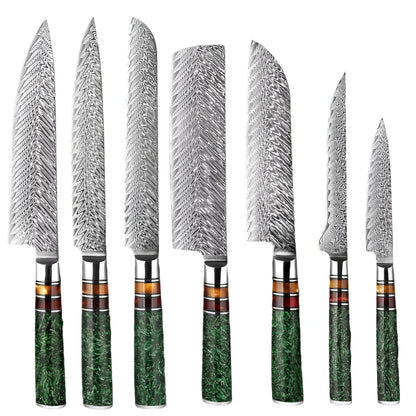 7 PCS Damascus Steel Knife Set with Green Resin Handle