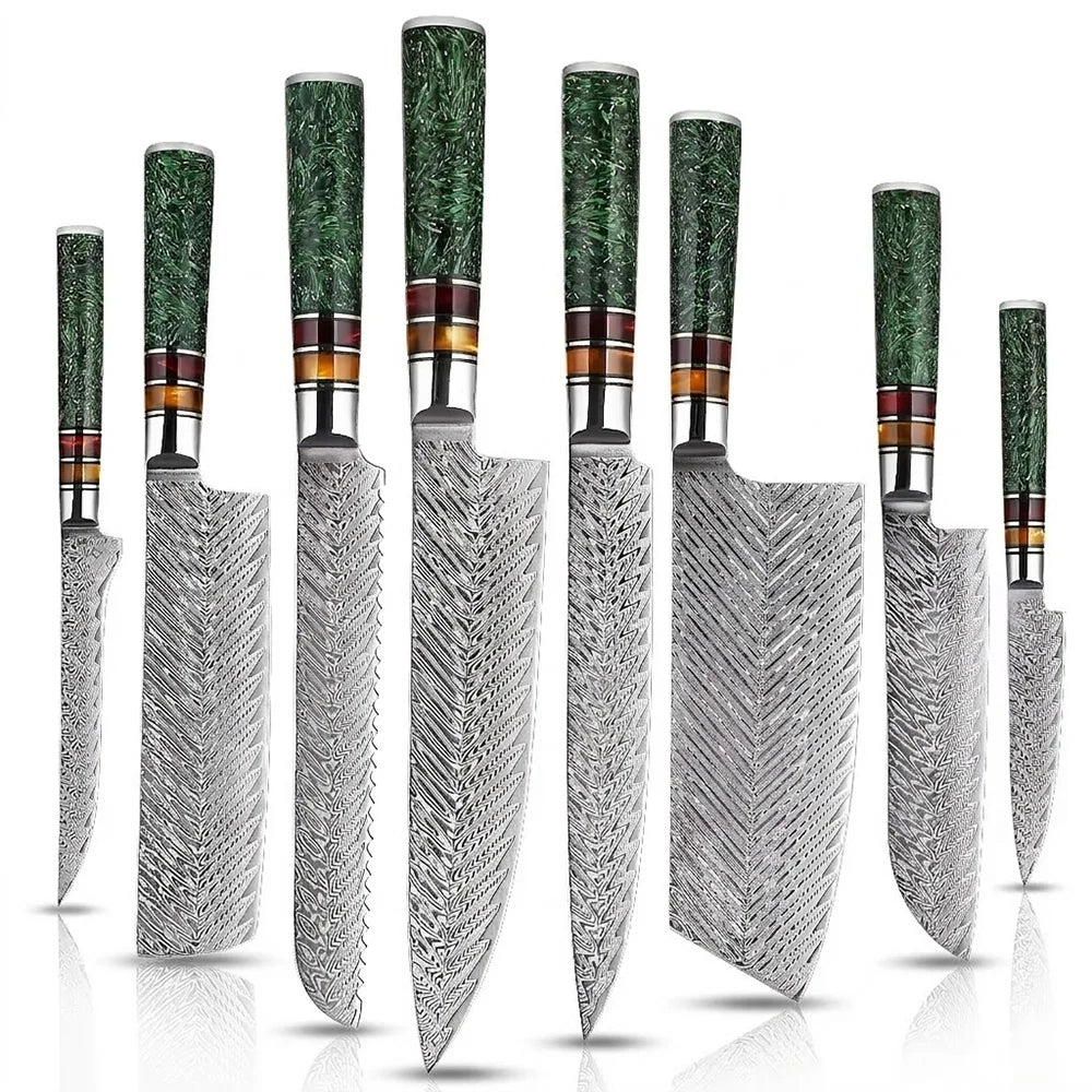 Damascus Steel Knife Set of 8 with Green Grain Shell Resin Handle 
