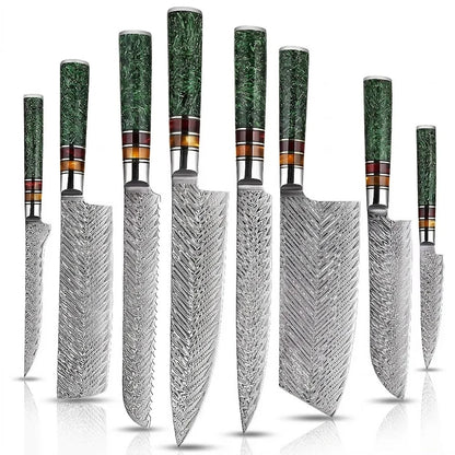 Damascus Steel Knife Set of 8 with Green Grain Shell Resin Handle 