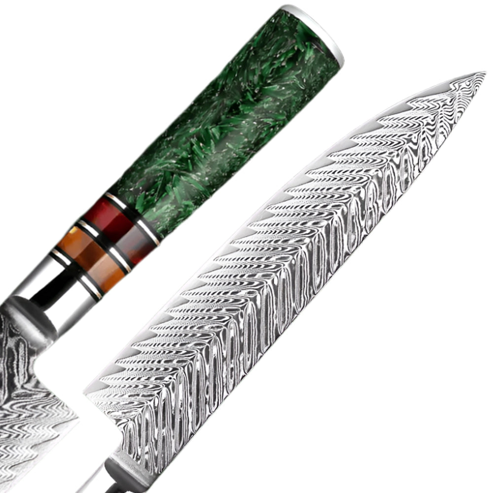 Damascus Steel Knife Set with Green Resin Handle