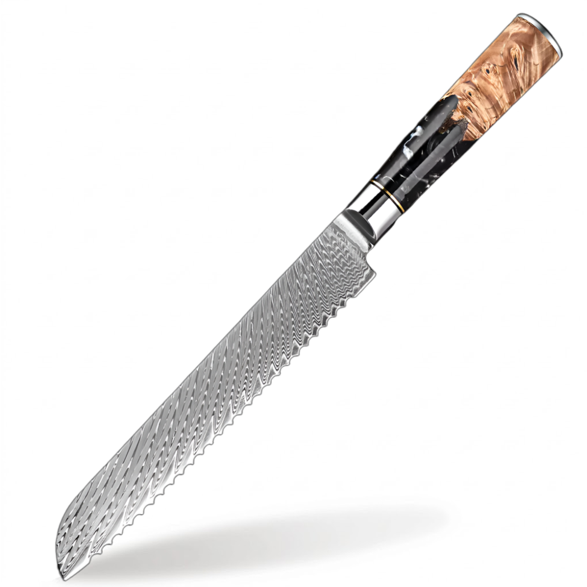 Damascus Steel 8 Inch Bread Knife with Black Resin Handle