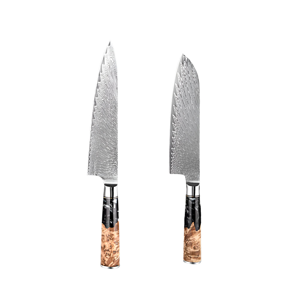 Damascus Steel 9.5 Inch Chef Knife and 7 Inch Santoku knife with Black Resin Handle
