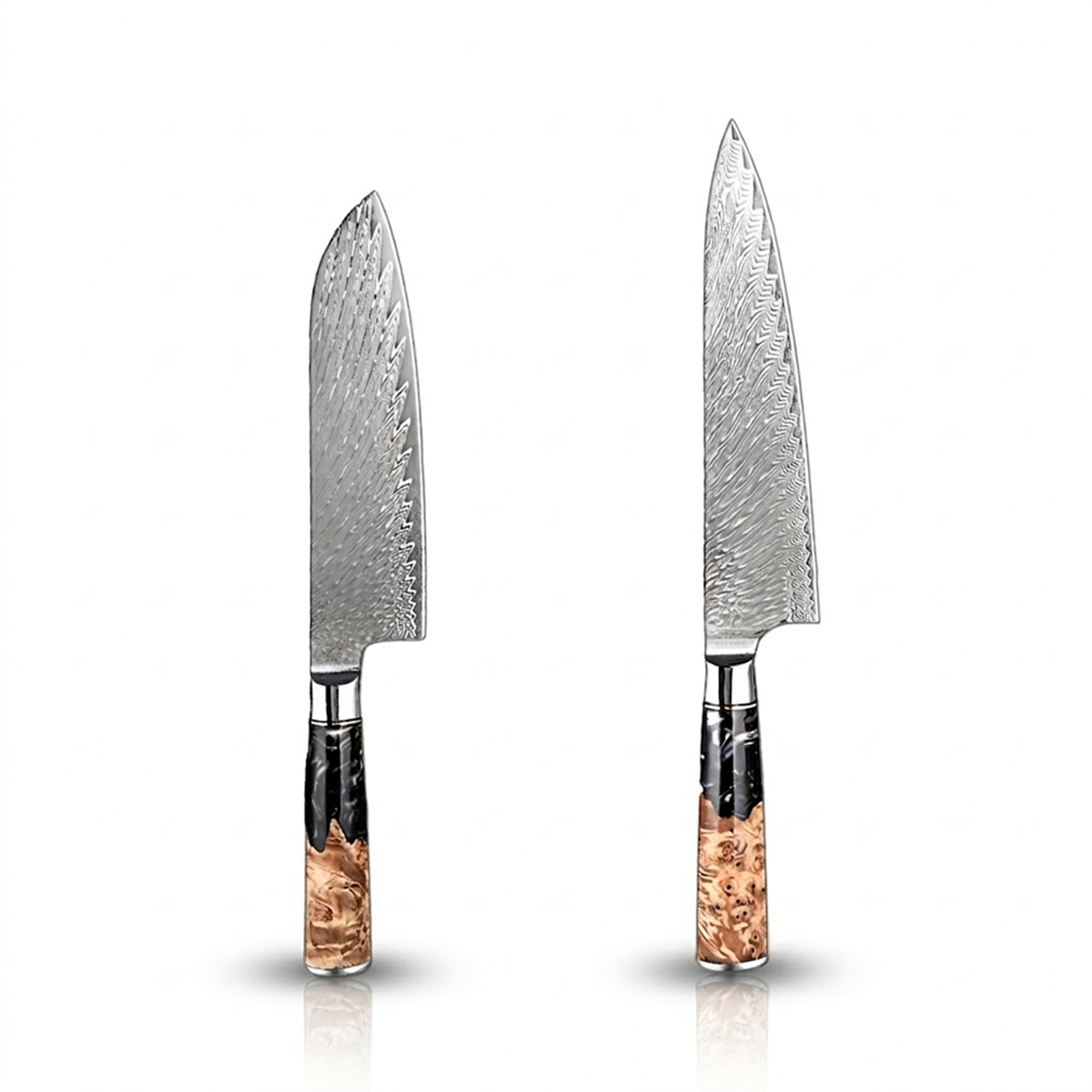 Damascus Steel 9.5 Inch Chef Knife and 7 Inch Santoku knife with Black Resin Handle