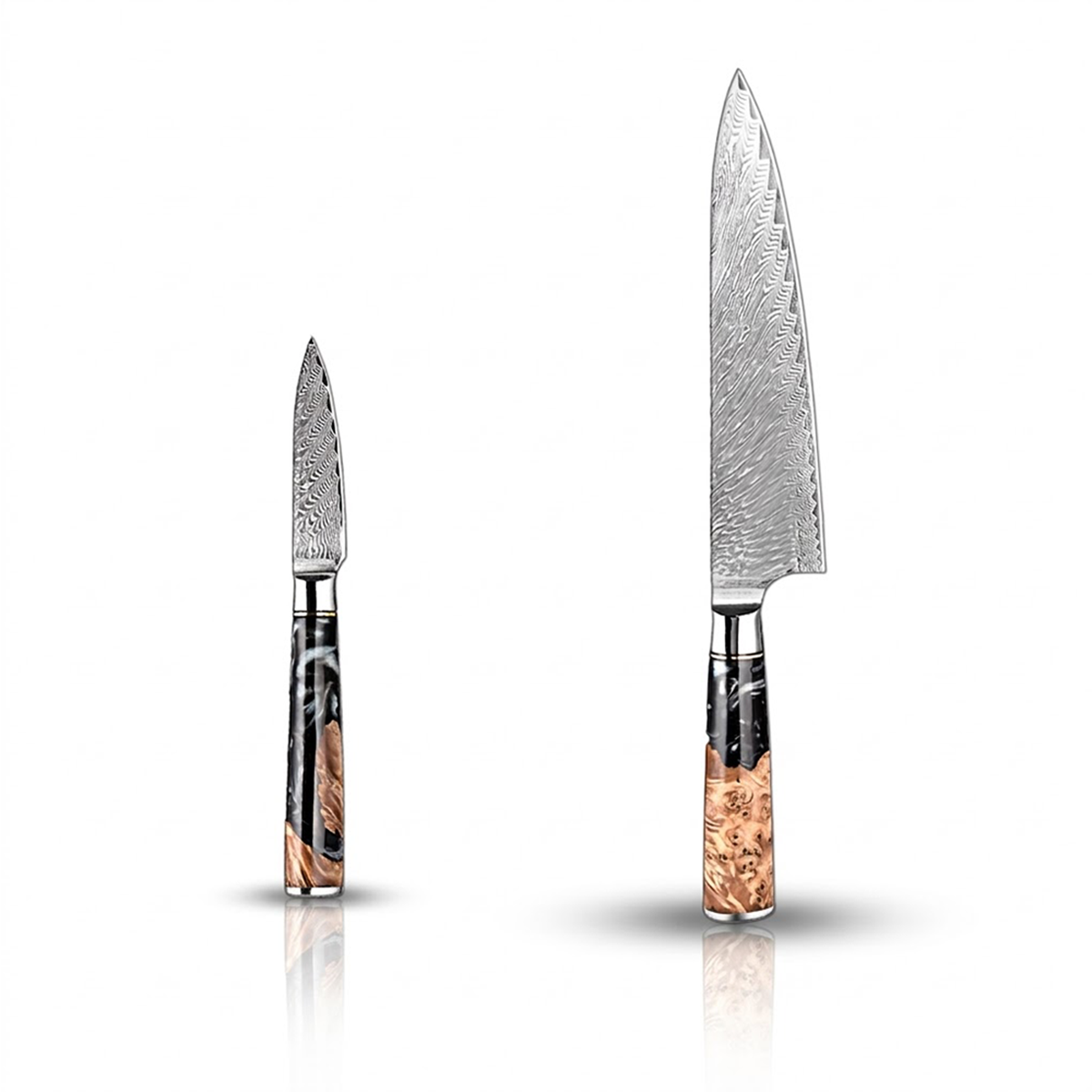 Damascus Steel 9.5 Inch Chef Knife and 3.5 Inch Fruit Knife with Black Resin Handle