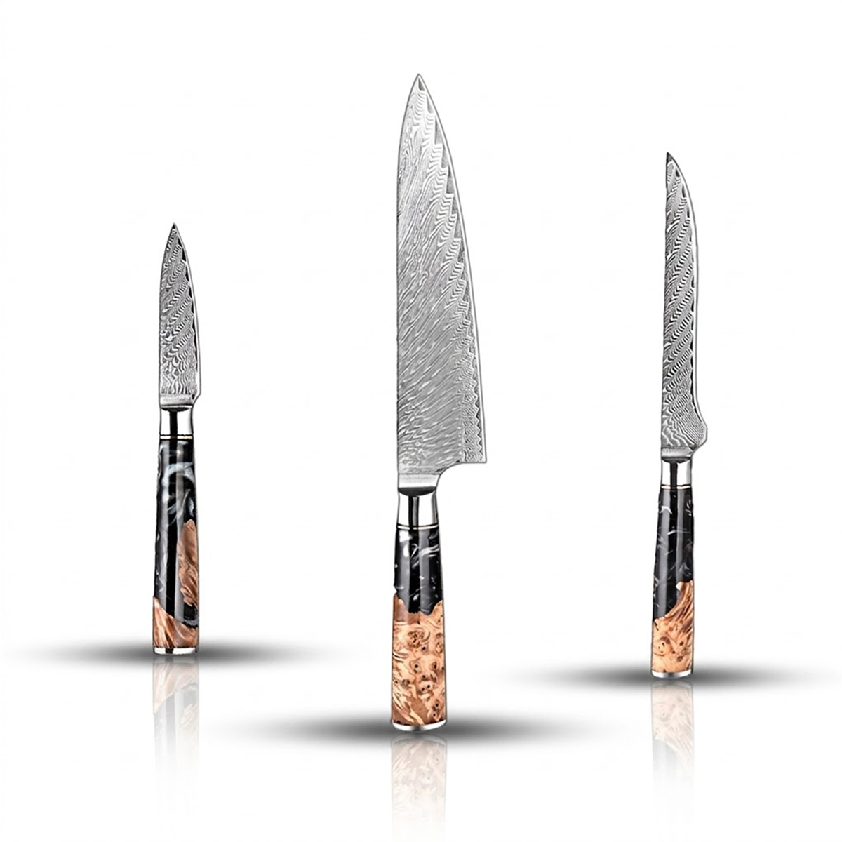 3 PCS Damascus Steel kicthen knives with Black Resin Handle