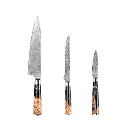 3 PCS Damascus Steel kicthen knives with Black Resin Handle