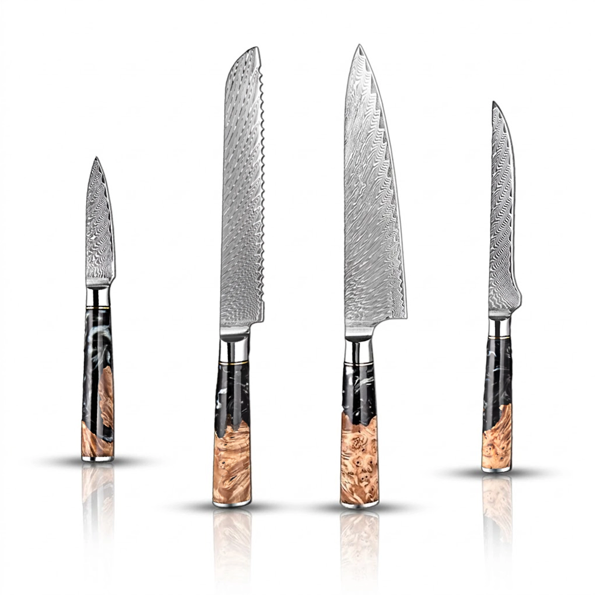 4 PCS Damascus Steel kicthen knives with Black Resin Handle