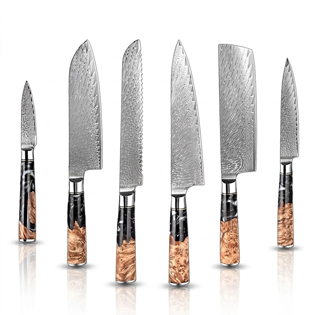 6 PCS Damascus Steel kicthen knives with Black Resin Handle