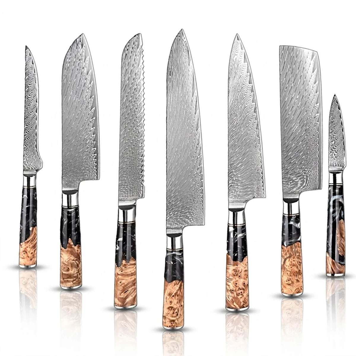 7 PCS Damascus Steel kicthen knives with Black Resin Handle