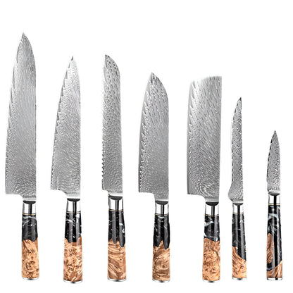 7 PCS Damascus Steel kicthen knives with Black Resin Handle