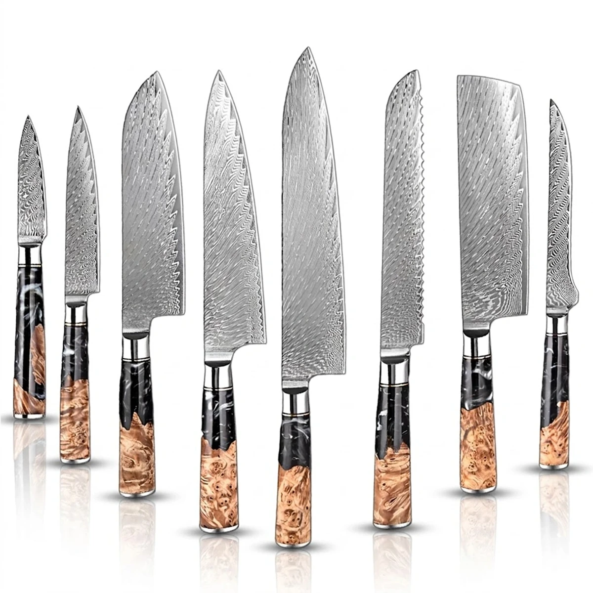 8 PCS Damascus Steel with Black Resin Handle