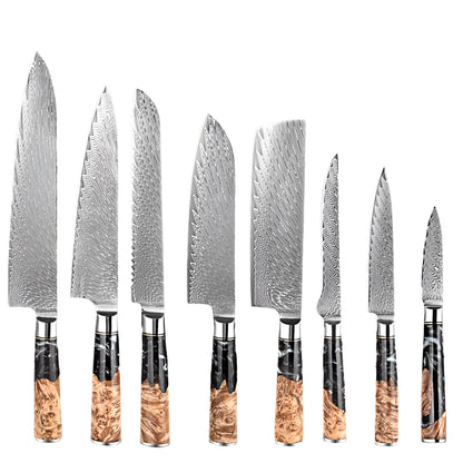 8 PCS Damascus Steel with Black Resin Handle