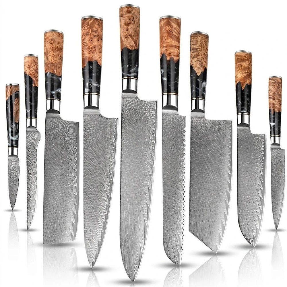 Damascus Steel Knife Set of 9 with Coloured Black Resin Handle