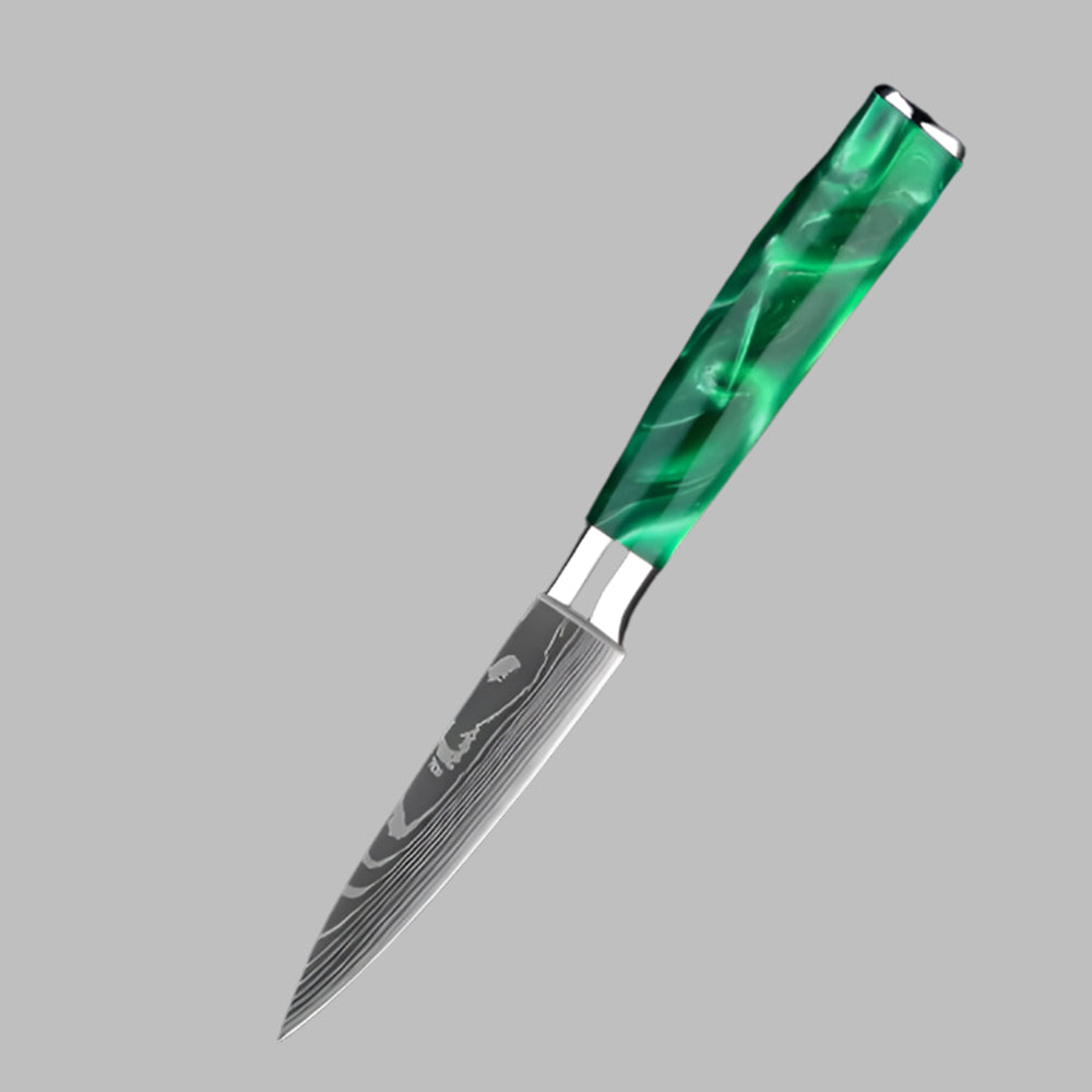 Stainless Steel Laser Damascus Pattern 3.5 Inch Fruit knife With Green Resin Handle