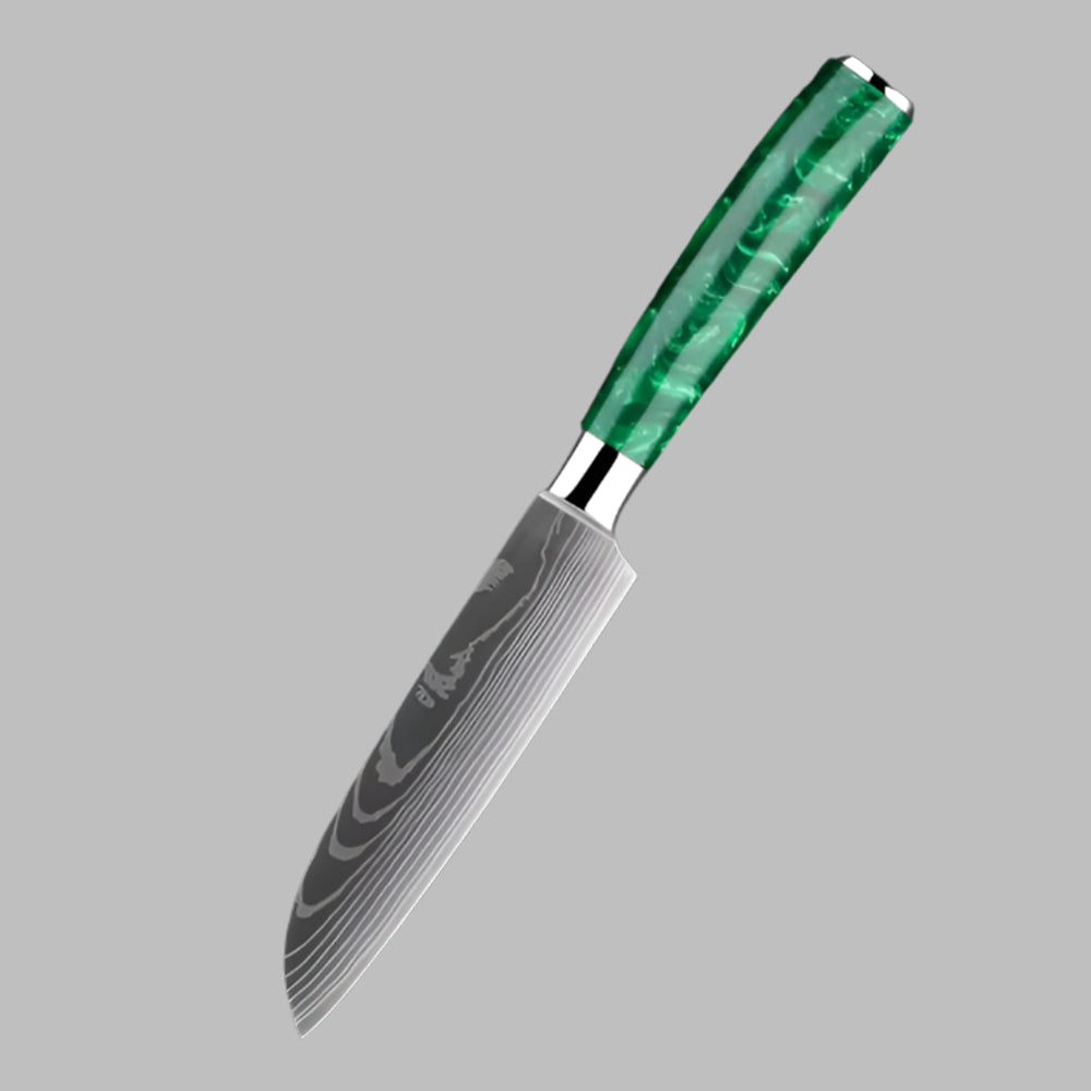 Stainless Steel Laser Damascus Pattern 5 Inch Santoku knife With Green Resin Handle