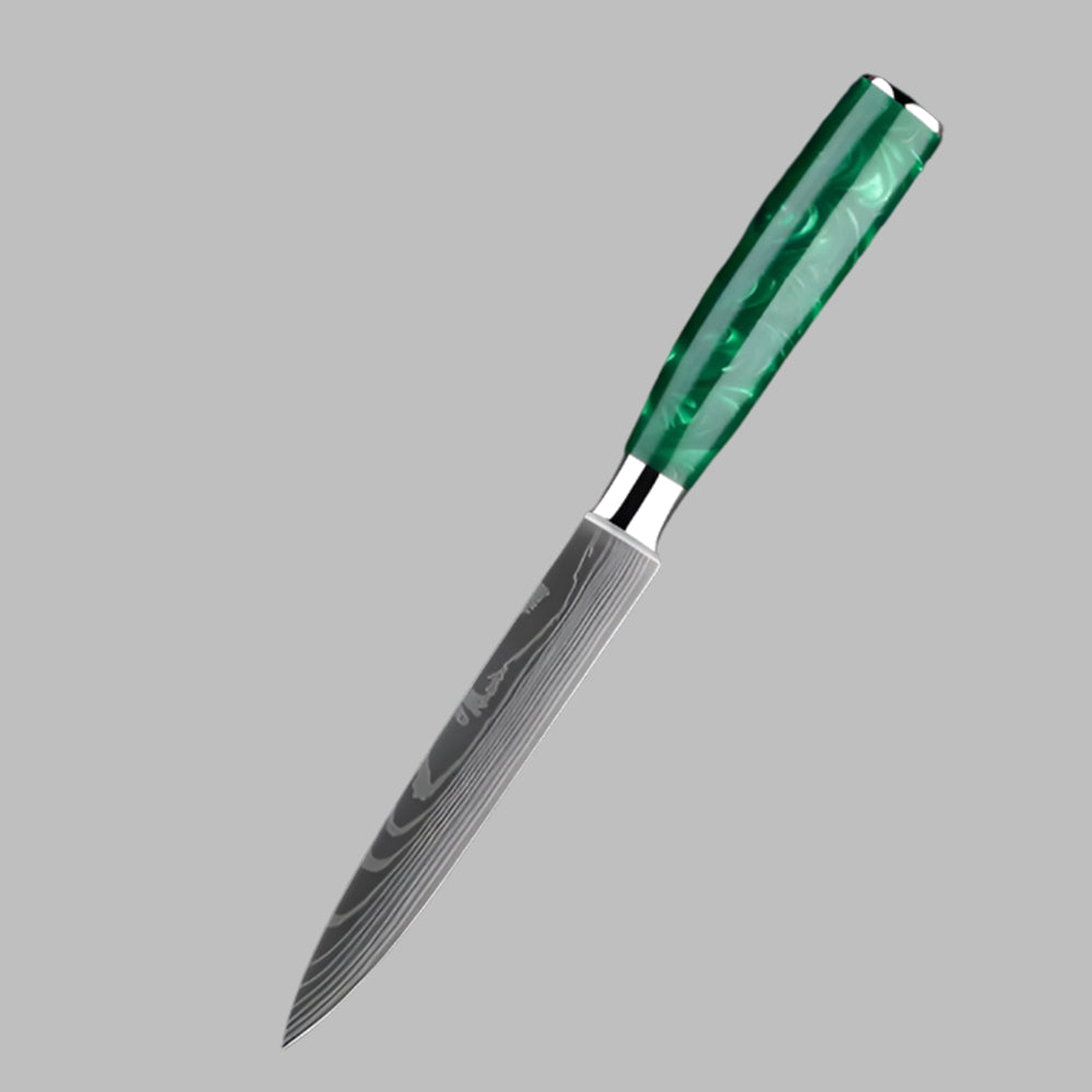 Stainless Steel Laser Damascus Pattern 5 Inch Utility Knife With Green Resin Handle