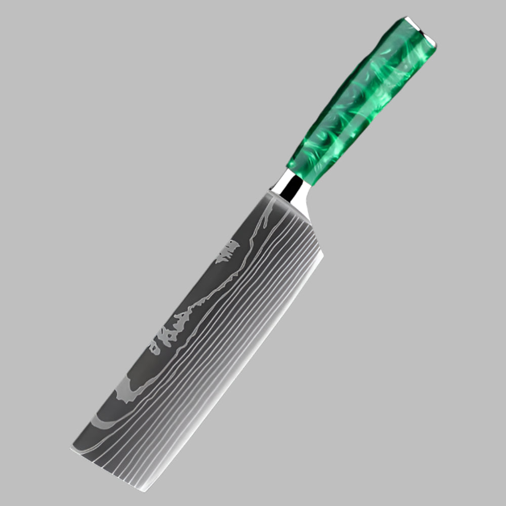 Stainless Steel Laser Damascus Pattern 7 Inch Nakiri Knife With Green Resin Handle