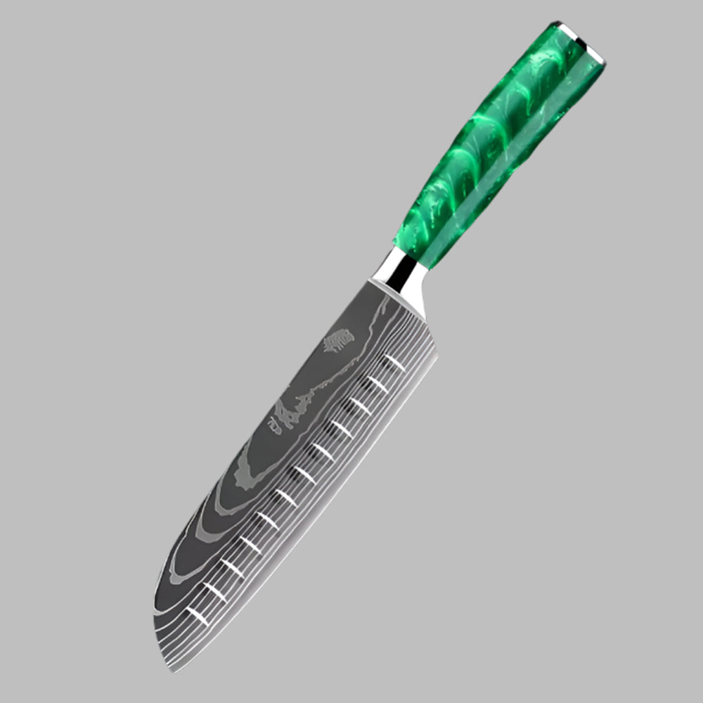 Stainless Steel Laser Damascus Pattern 7 Inch Santoku Knife With Green Resin Handle