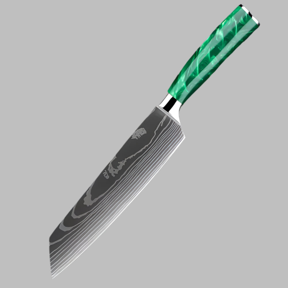 Stainless Steel Laser Damascus Pattern 8 Inch Kiritsuke Knife With Green Resin Handle