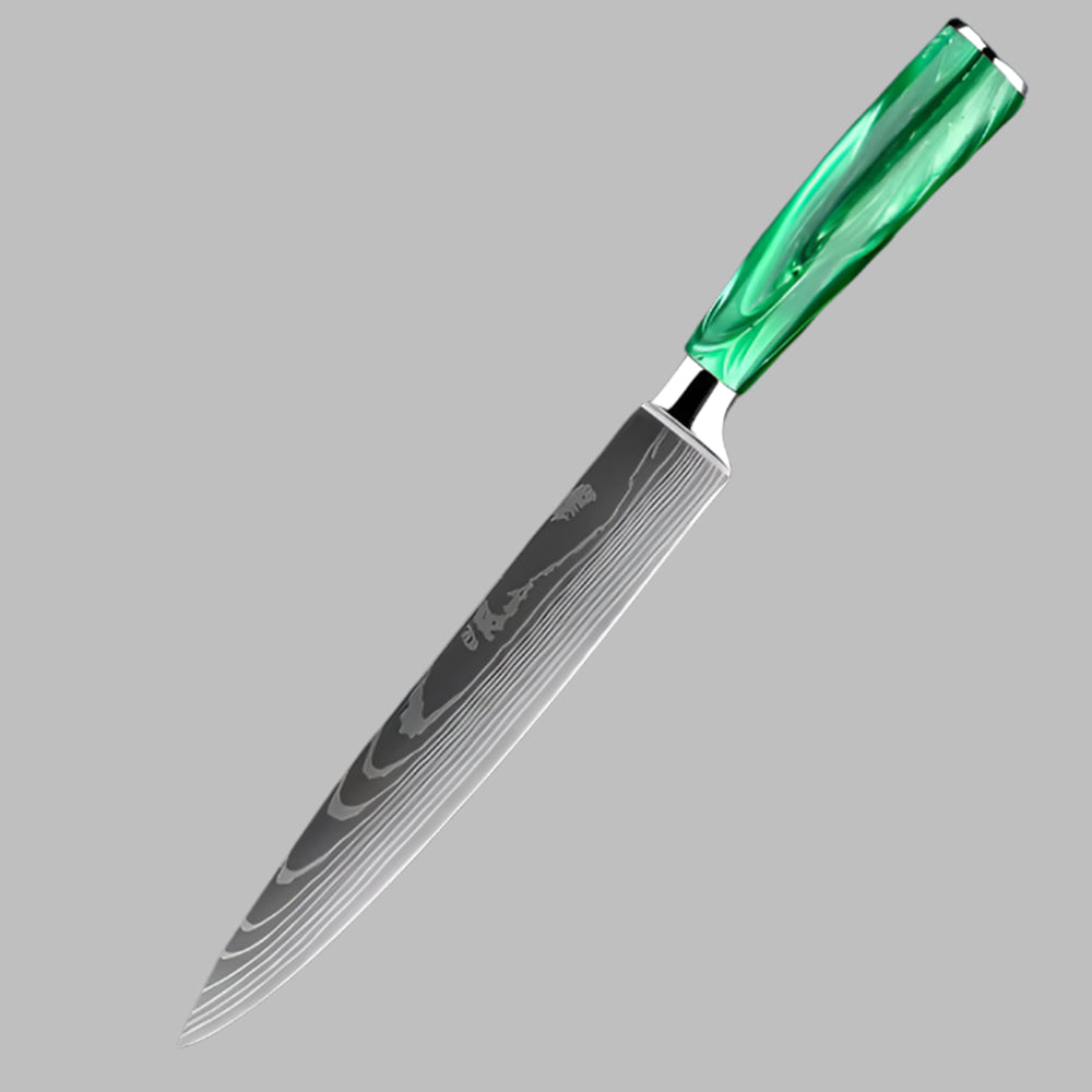 Stainless Steel Laser Damascus Pattern 8 Inch Slicing Knife With Green Resin Handle