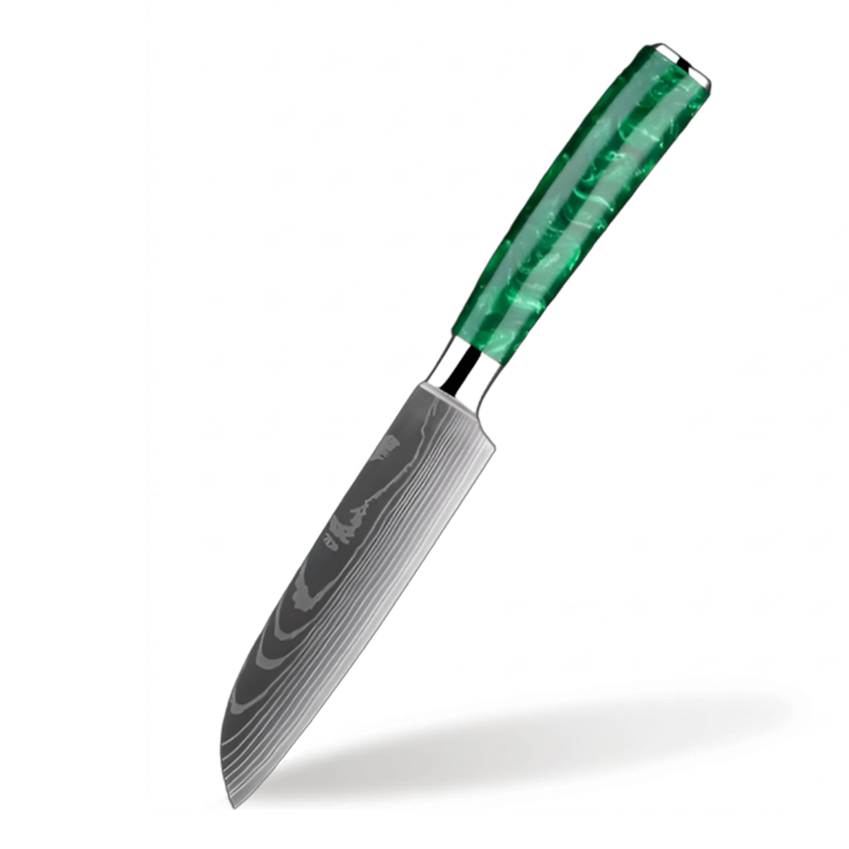 Stainless Steel Laser Damascus Pattern 5 Inch Santoku knife With Green Resin Handle