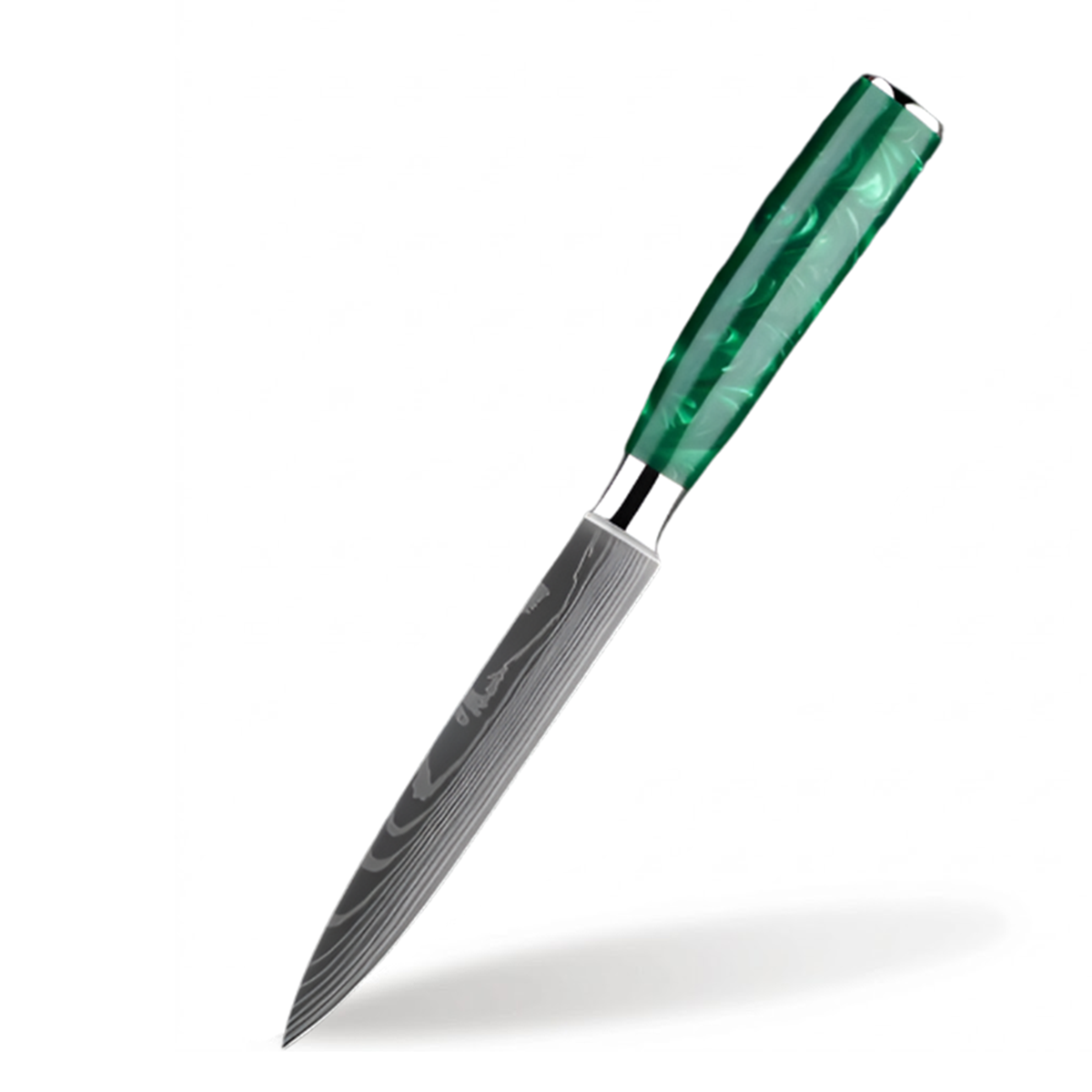 Stainless Steel Laser Damascus Pattern 5 Inch Utility Knife With Green Resin Handle