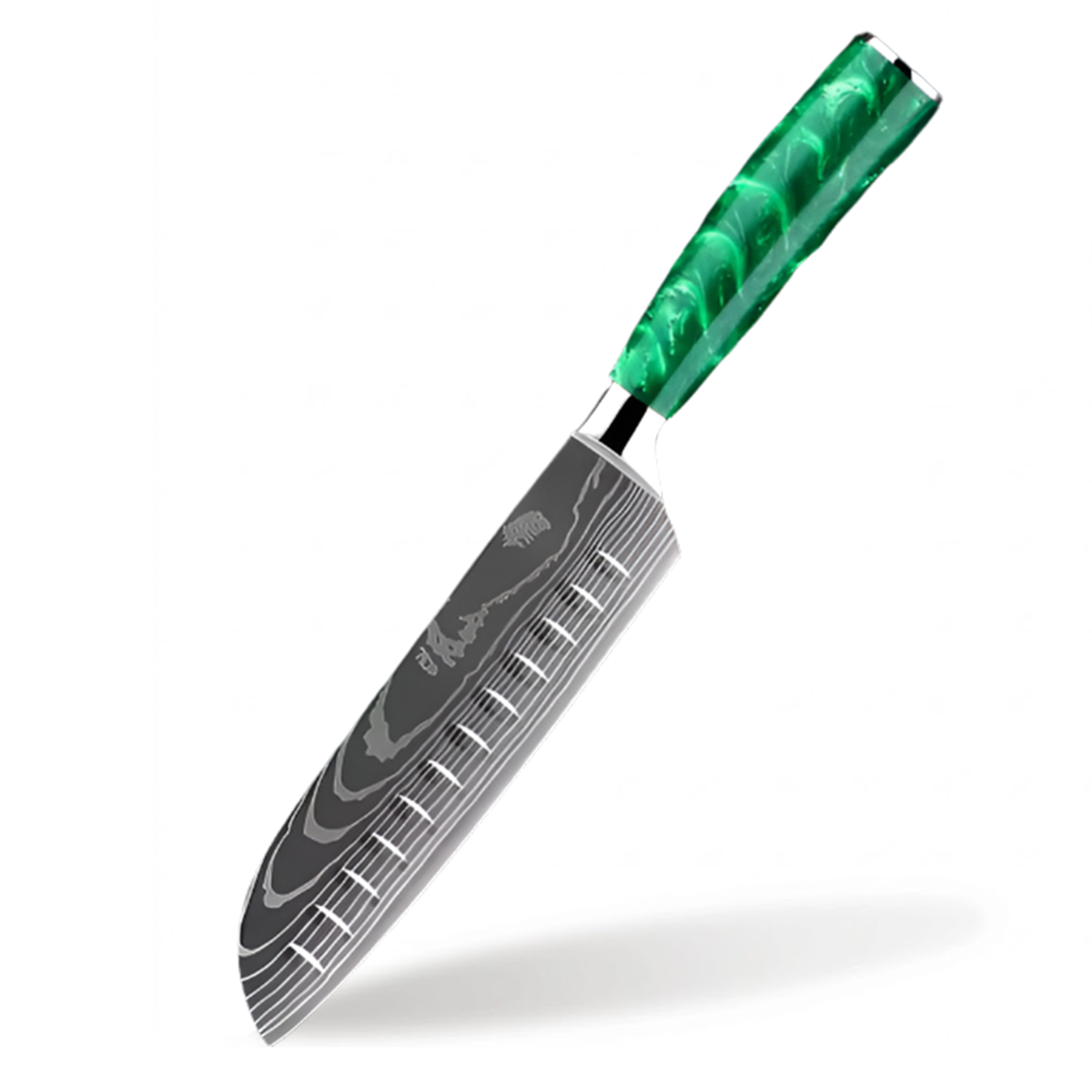 Stainless Steel Laser Damascus Pattern 7 Inch Santoku Knife With Green Resin Handle