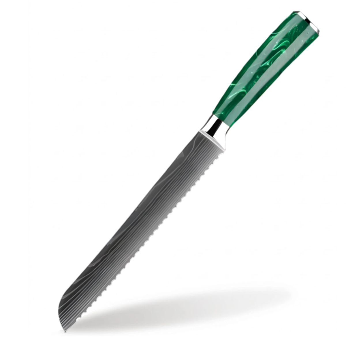 Stainless Steel Laser Damascus Pattern 8 Inch Bread Knife With Green Resin Handle