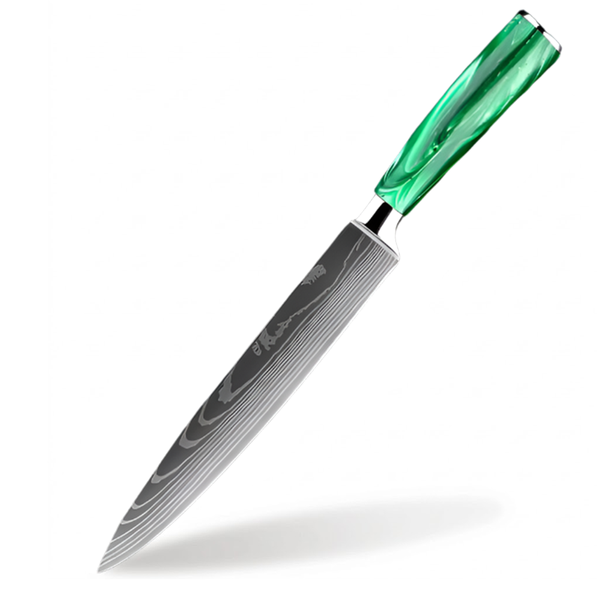 Stainless Steel Laser Damascus Pattern 8 Inch Slicing Knife With Green Resin Handle