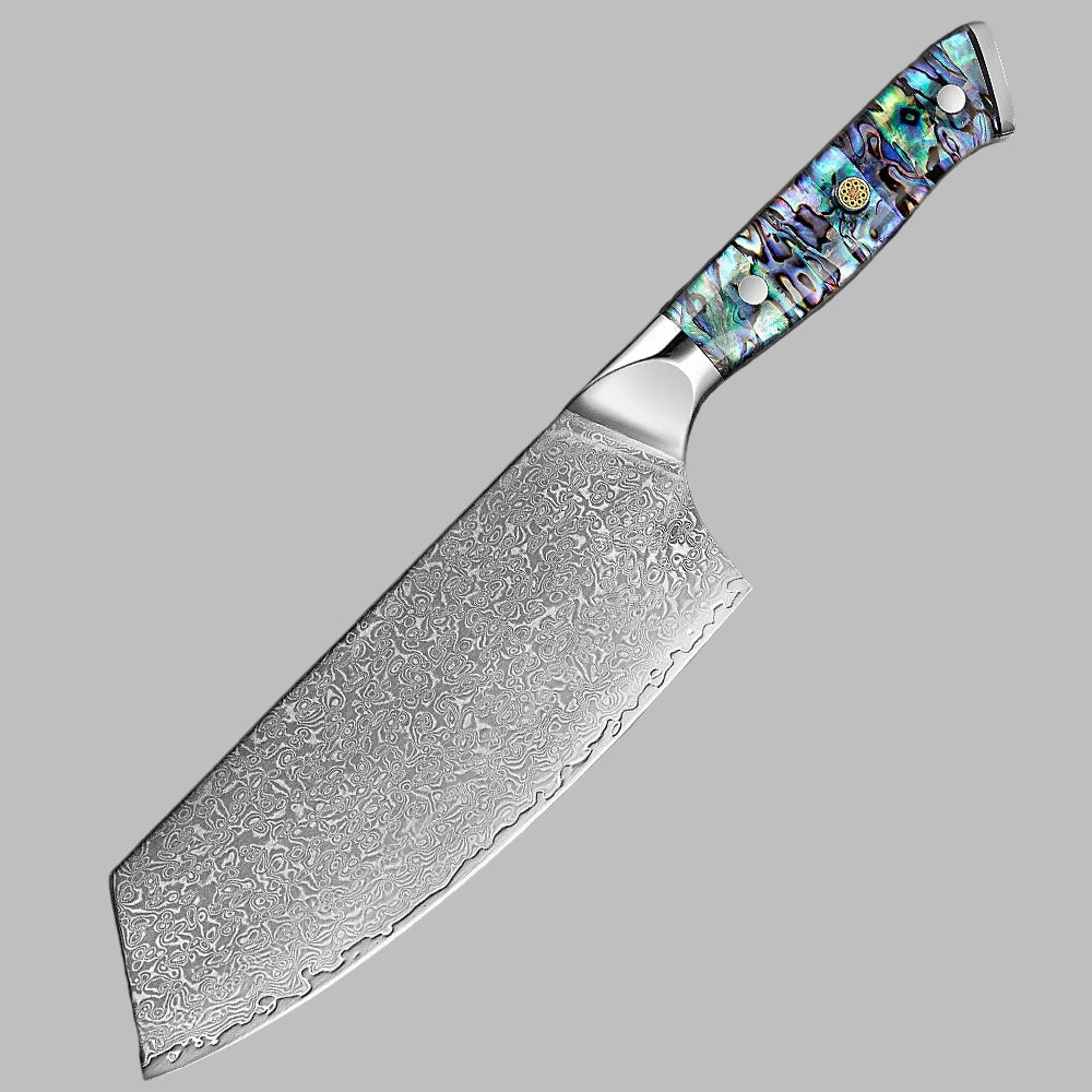 Decorative chef's knife with a colorful handle on a gray background