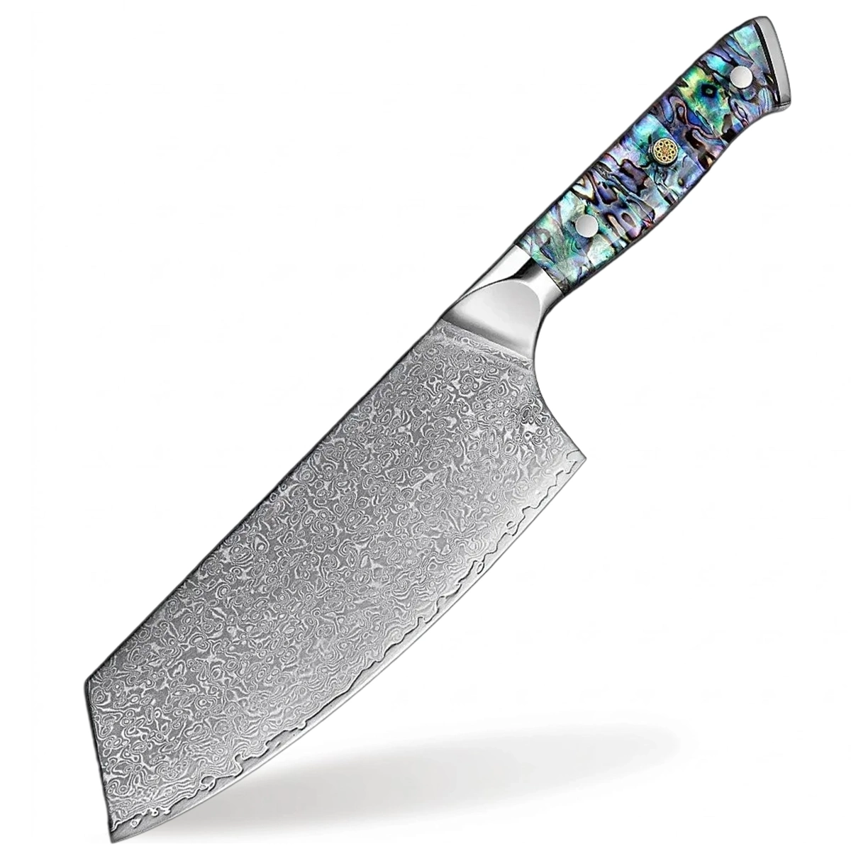 Decorative chef's knife with a colorful handle on a gray background