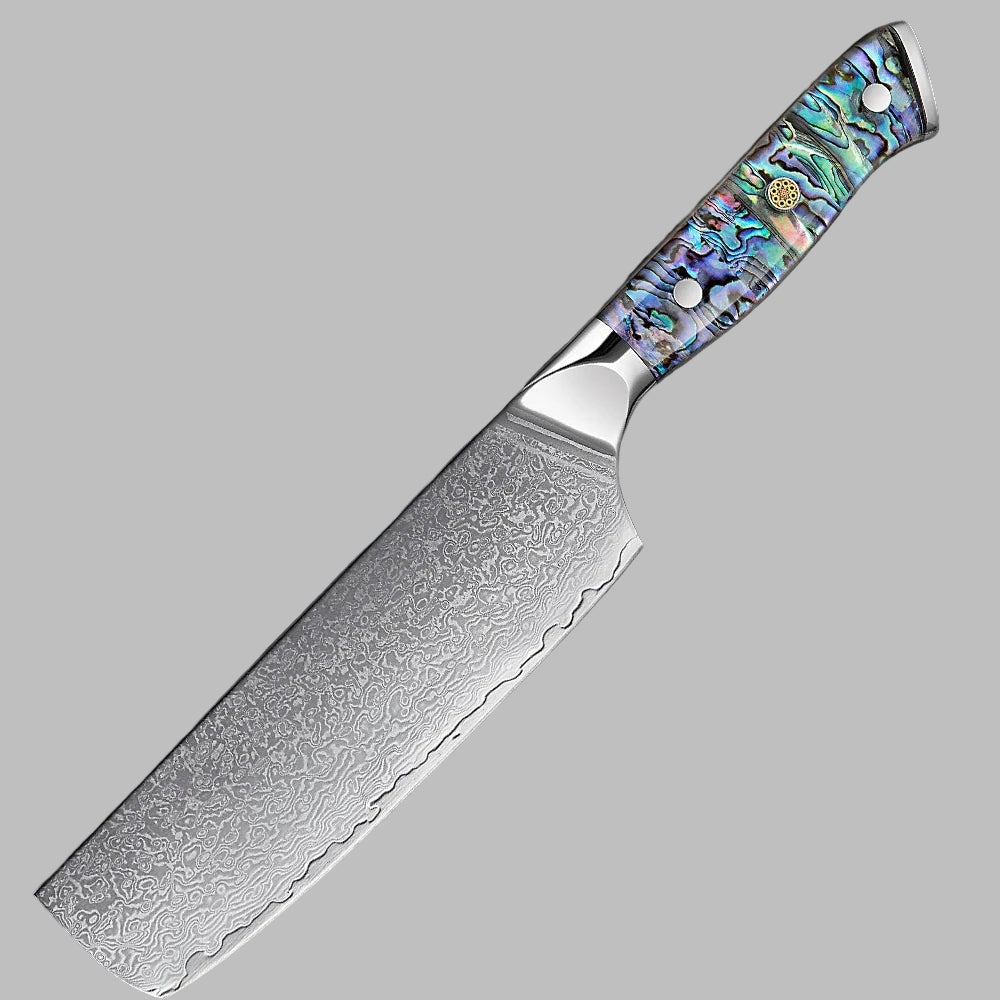 Decorative chef's knife with a colorful handle on a gray background