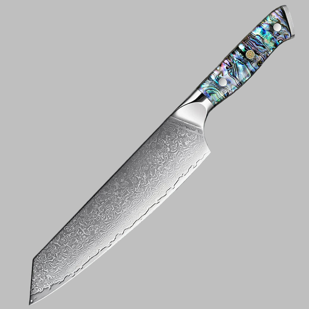Decorative chef's knife with a patterned blade and colorful handle on a gray background