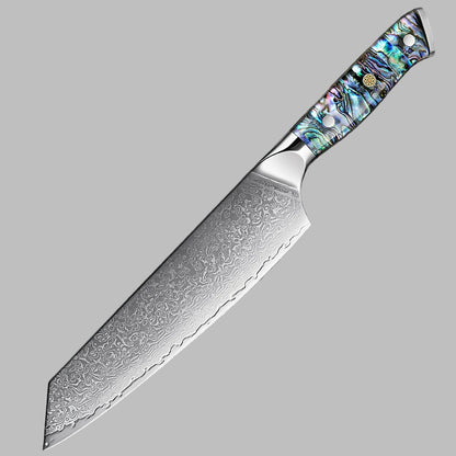 Decorative chef's knife with a patterned blade and colorful handle on a gray background