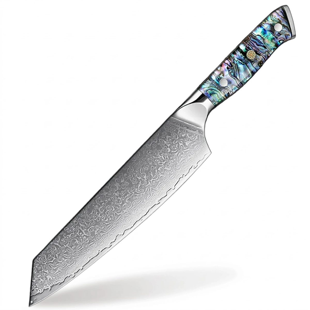 Decorative chef's knife with a patterned blade and colorful handle on a gray background