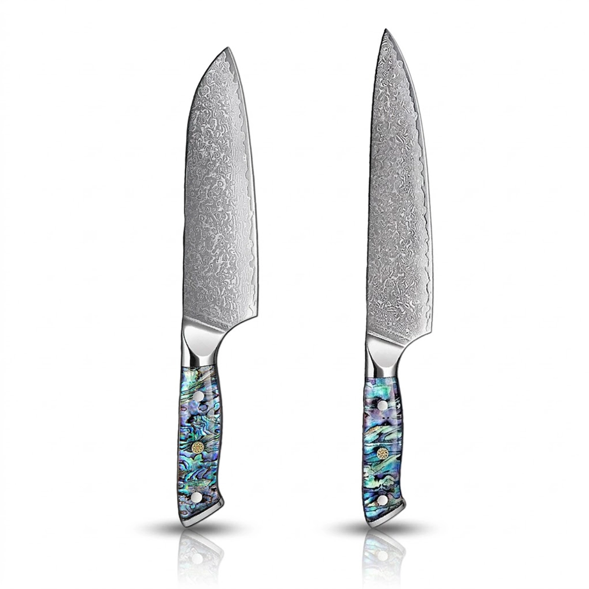 Two kitchen knives with decorative handles on a gray background