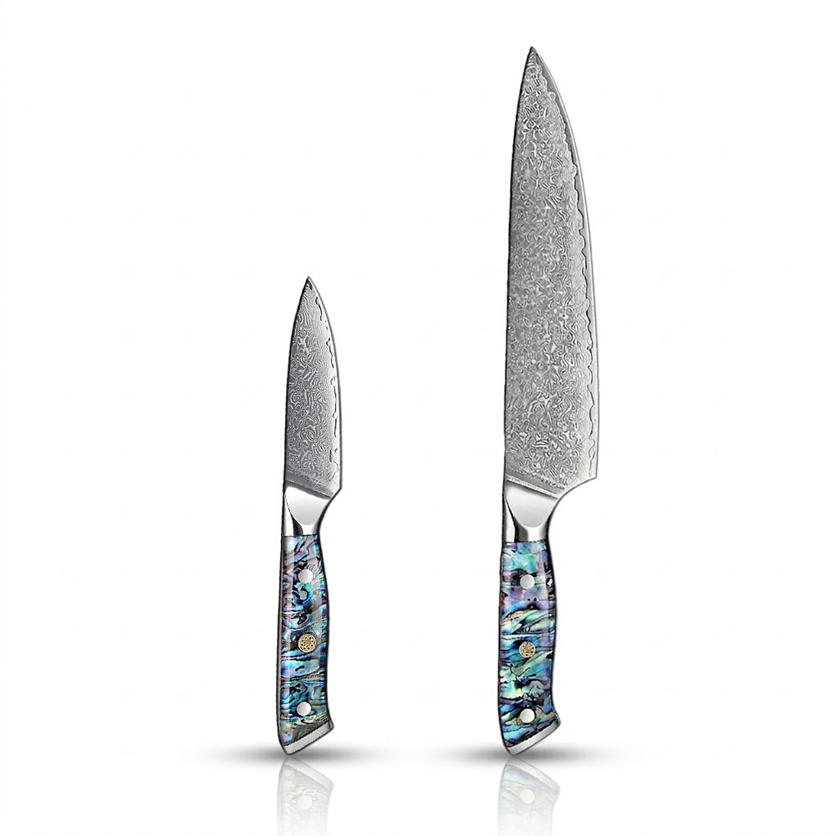 Two knives with abalone handles on a gray background