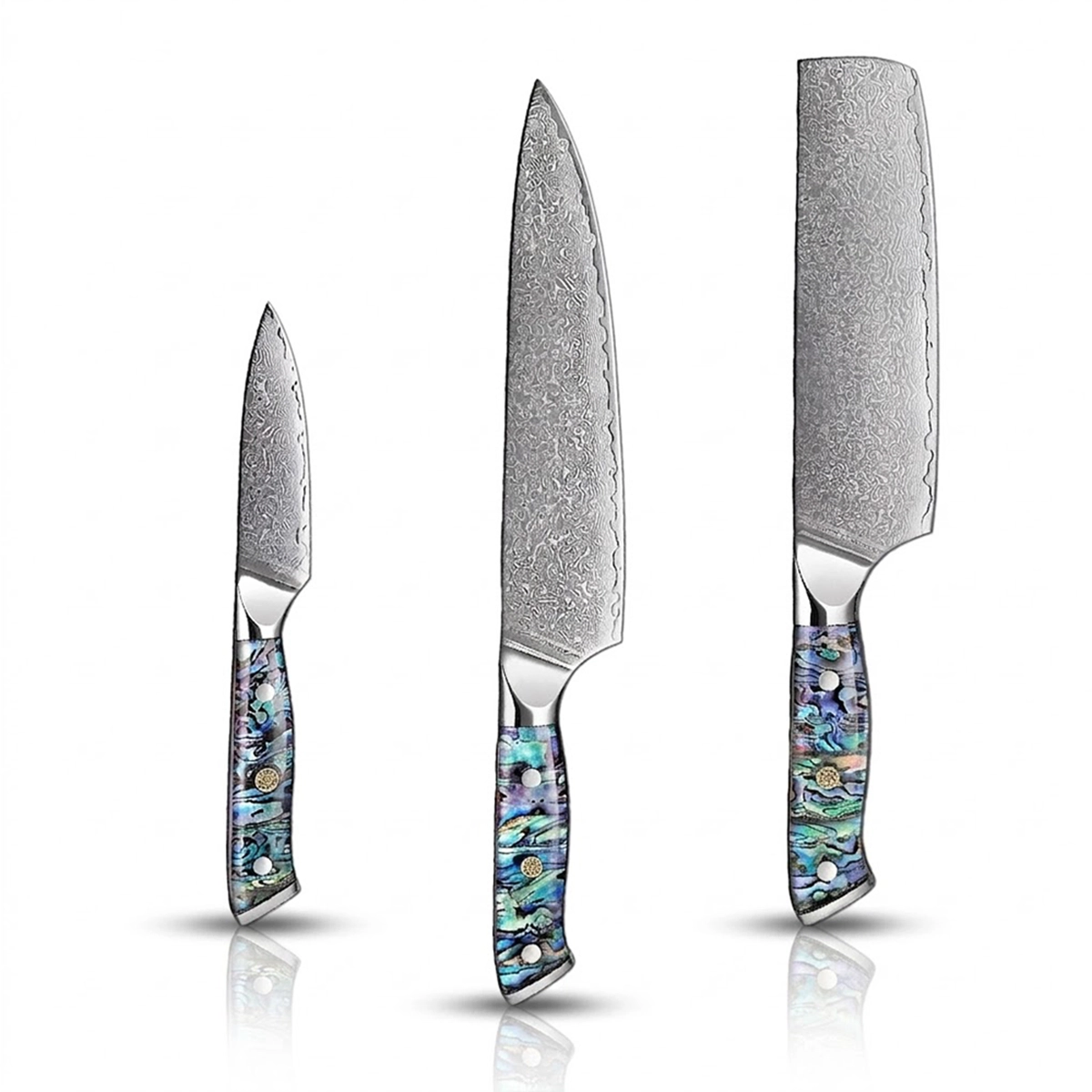 Set of three knives with decorative Abalone Handles on a gray background