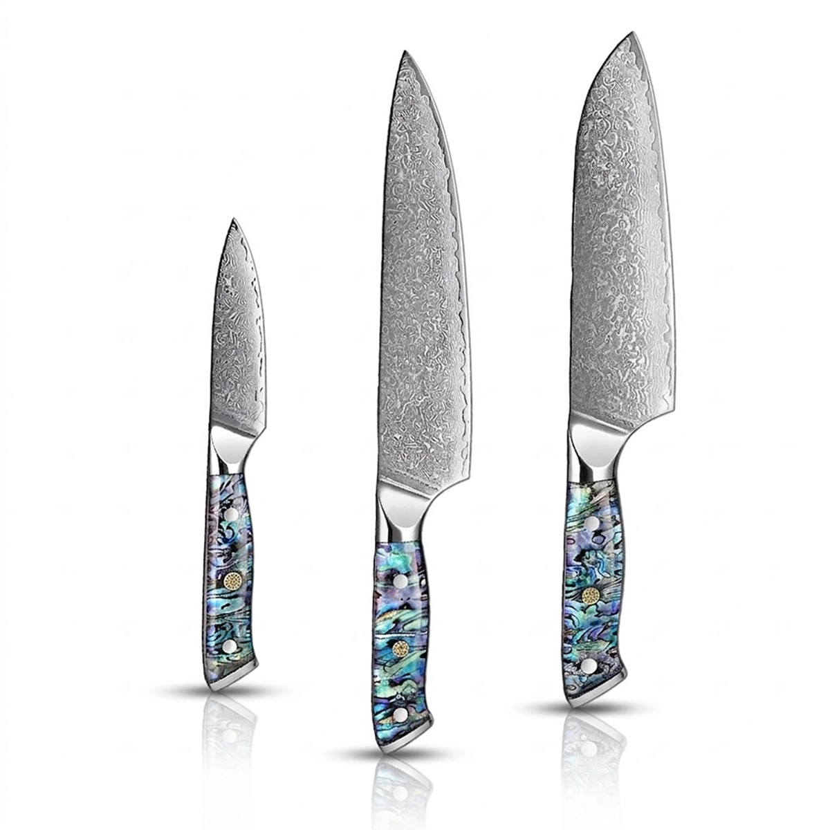 Three knives with decorative Abalone Handles on a gray background