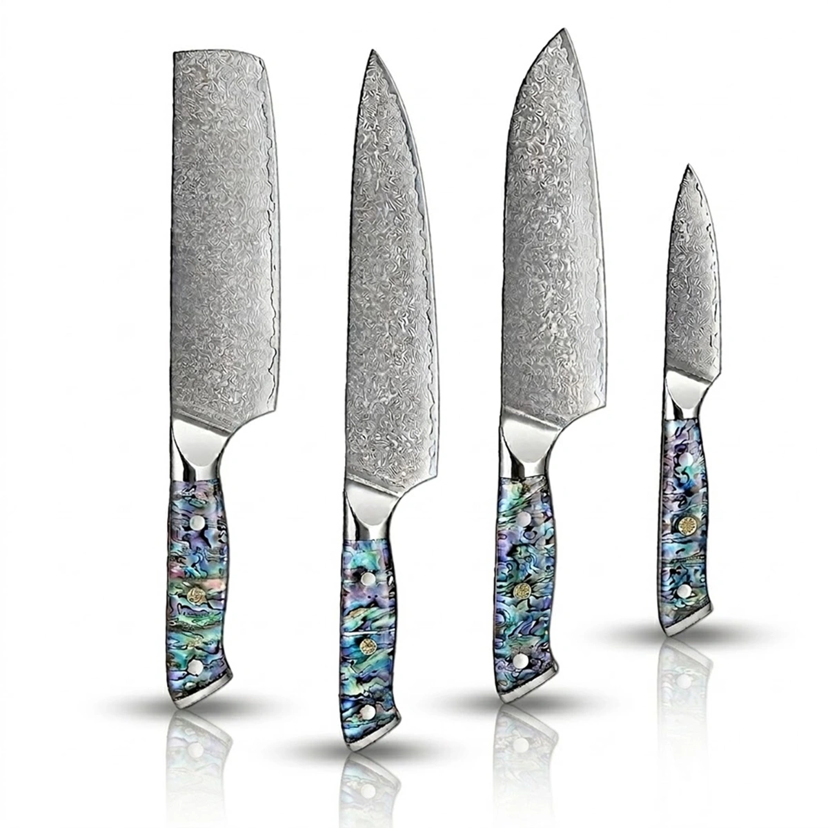 Set of four knives with decorative Abalone Handles on a gray background