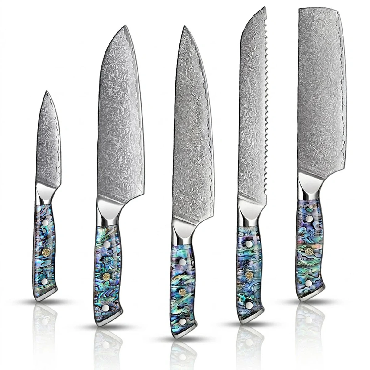 Set of five knives with decorative Abalone Handles on a gray background