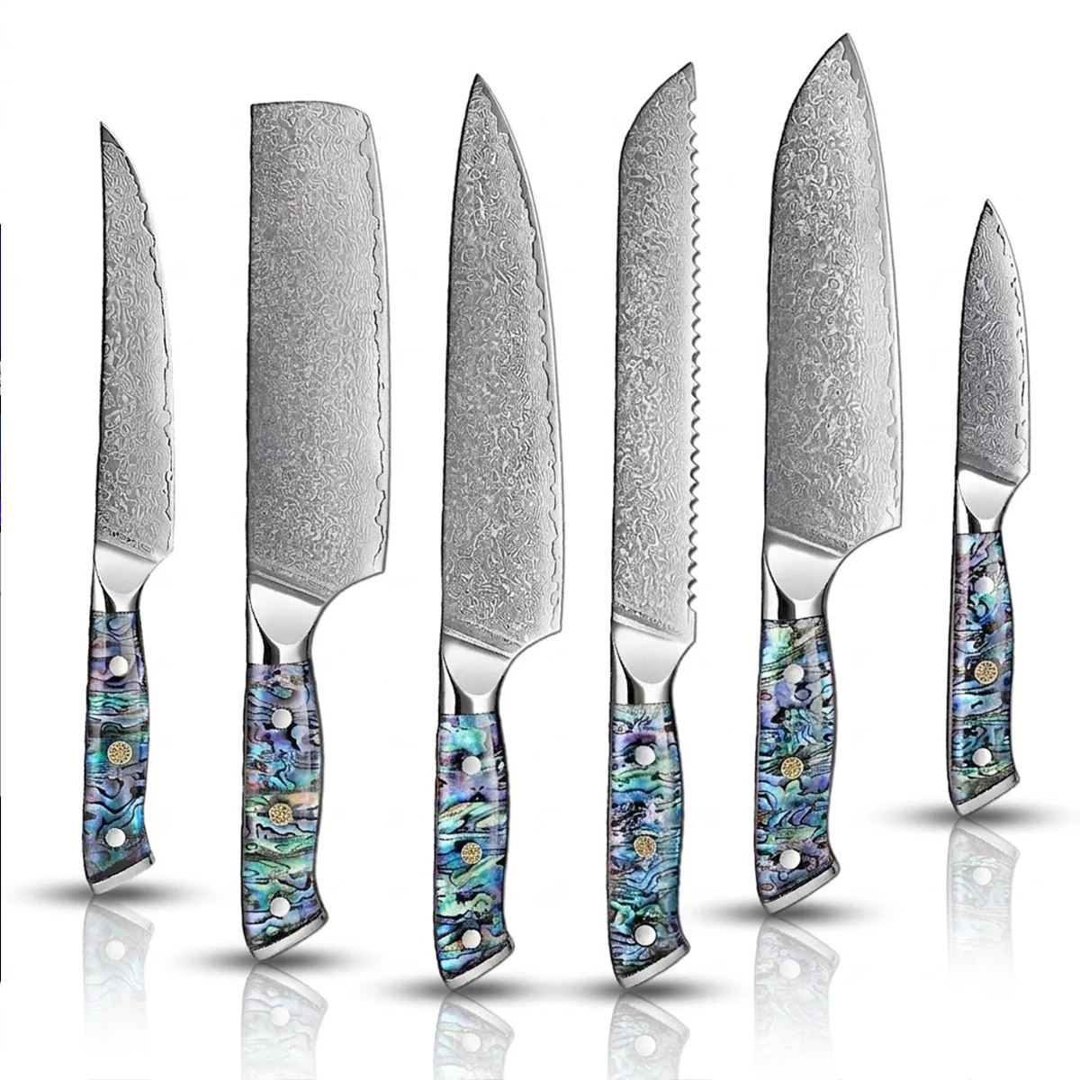 Set of six knives with decorative Abalone Handles on a gray background