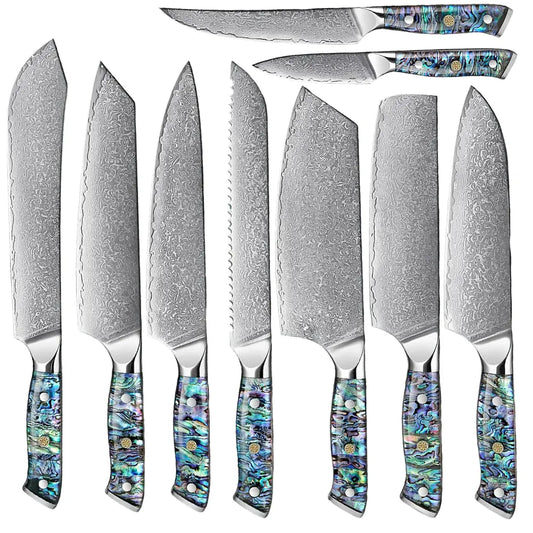 9 Piece Damascus Steel Knife Set with Abalone Handle