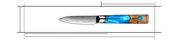 Damascus Steel 3.5 inch pairing Knife with Coloured Blue Resin Handle Measurement