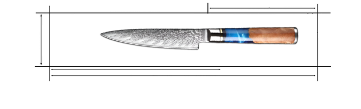 Damascus Steel 5 inch Utility Knife with Coloured Blue Resin Handle Measurement