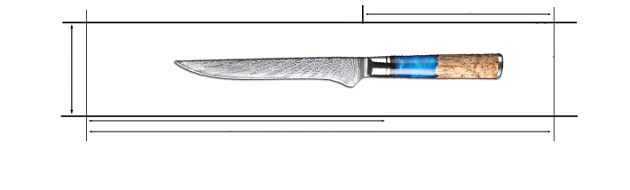 Damascus Steel 6 inch Boning Knife with Coloured Blue Resin Handle Measurement