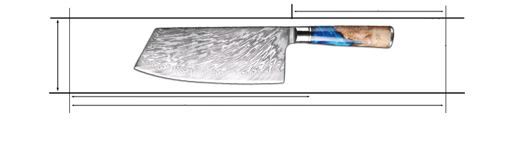 Damascus Steel 7 inch cleaver Knife with Coloured Blue Resin Handle Measurement