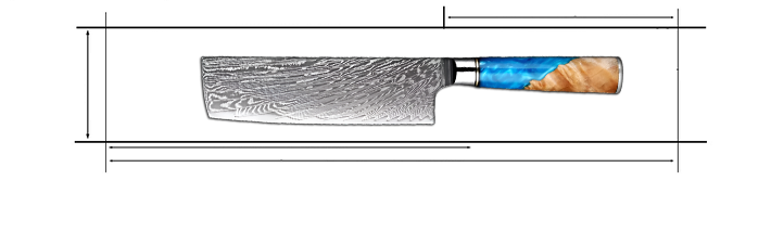 Damascus Steel 7 inch Nakiri Knife with Coloured Blue Resin Handle Measurement