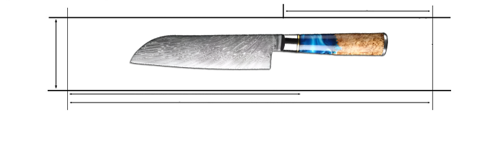 Damascus Steel 7 inch santoku Knife with Coloured Blue Resin Handle Measurement