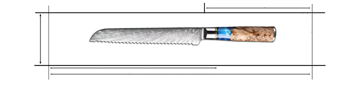 Damascus Steel 8 inch bread Knife with Coloured Blue Resin Handle Measurement